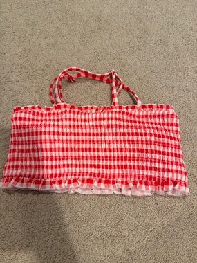 Cupshe Red and White Gingham Smocked Tube Top swim bikini sz small nwot